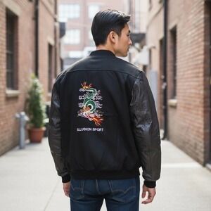 Vintage Illusion Men's Bomber Jacket Dragon Embroidered Leather Sleeves Size 3XL